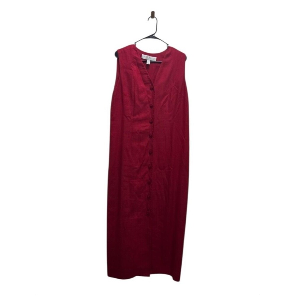 Vintage Valerie Stevens Pure Linen Button Front Maxi Dress 14 Red Sleeveless